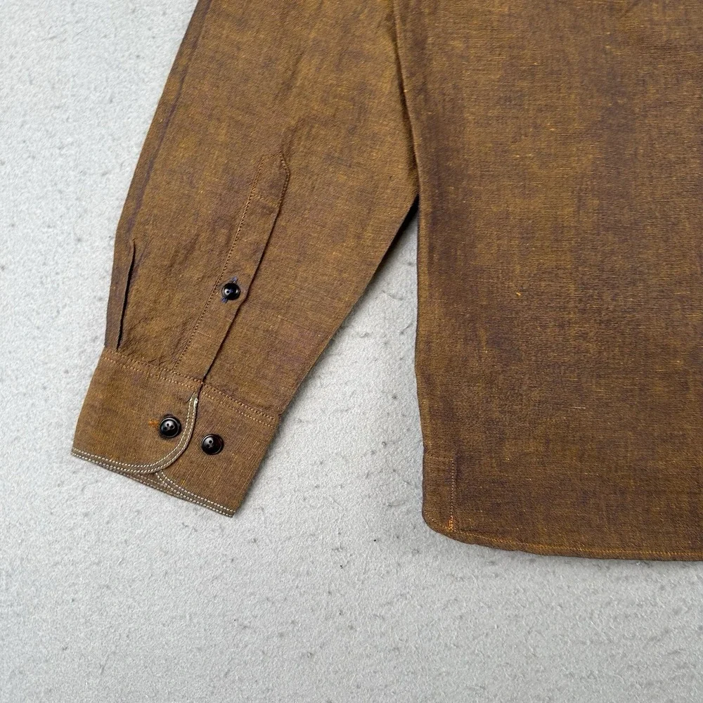 32 Bar Blue Button Up Shirt Men's Medium Metallic Copper Bronze Cotton Linen - Picture 16 of 16